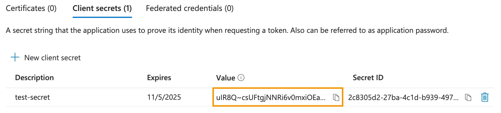 Location of client secret in Azure