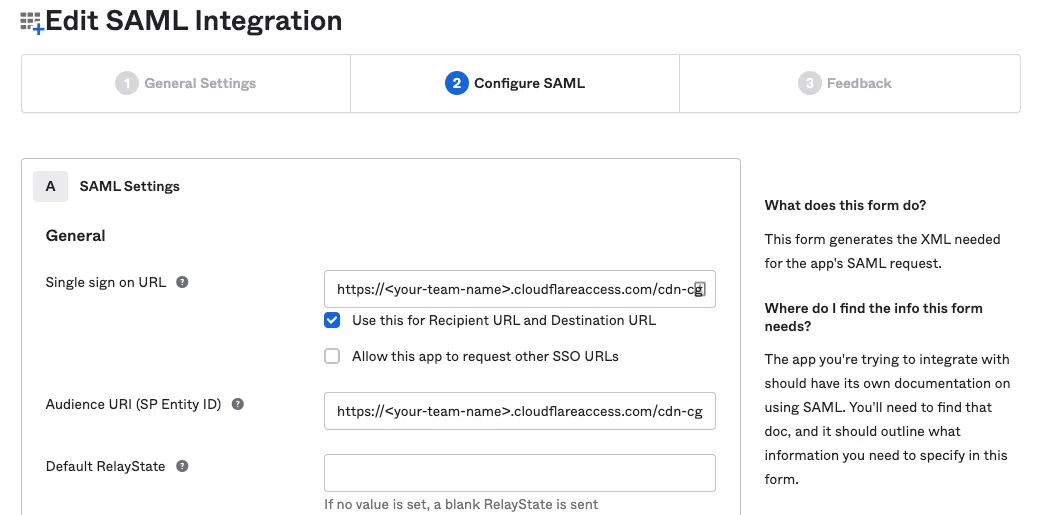 Entering your Cloudflare One callback URL into Okta